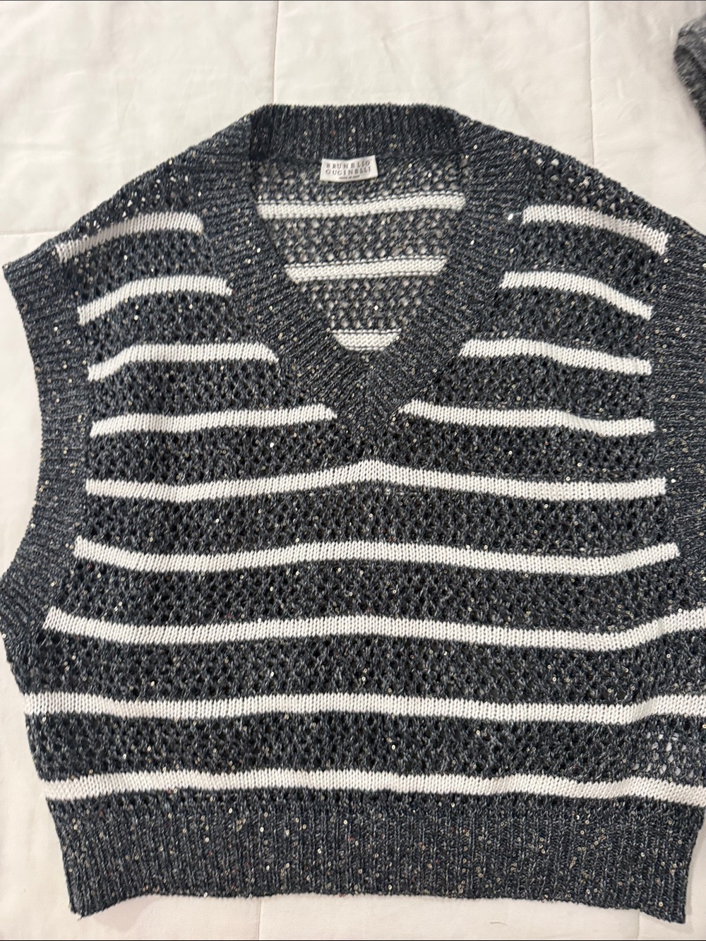 Brunello Cucinelli Women's Striped Knit V-Neck Sweater Vest - Grey & White